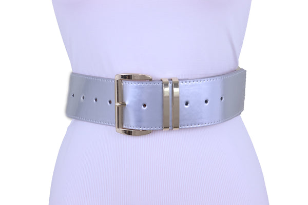 Women Silver Faux Leather Waistband Hip Waist Fashion Belt Gold Buckle Plus Size Fits M L XL