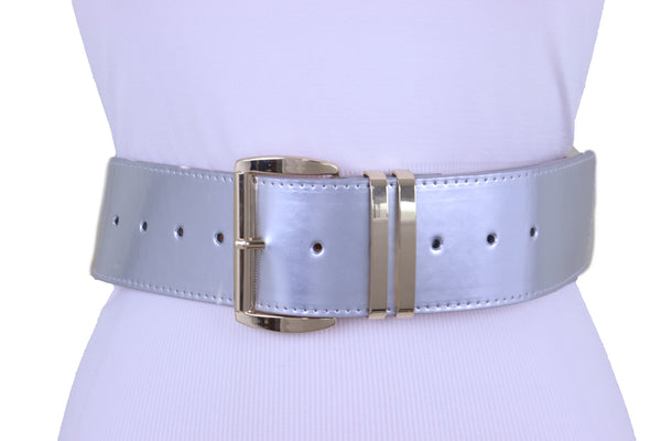 Brand New Women Silver Faux Leather Waistband Hip Waist Fashion Belt Gold Buckle M L XL