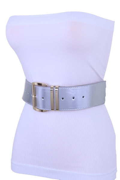 Brand New Women Silver Faux Leather Waistband Hip Waist Fashion Belt Gold Buckle M L XL