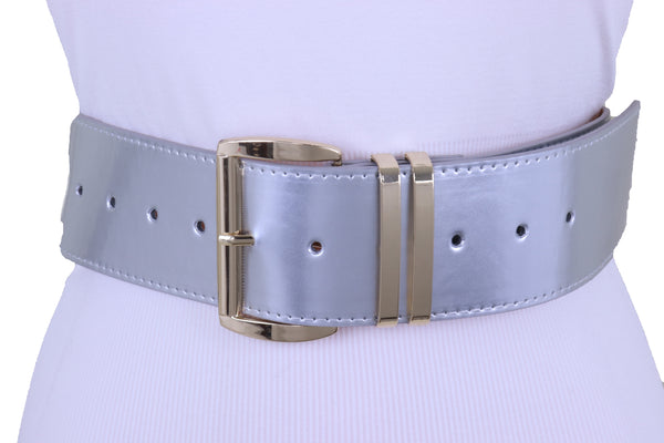 Brand New Women Silver Faux Leather Waistband Hip Waist Fashion Belt Gold Buckle M L XL