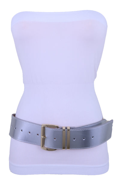 Brand New Women Silver Faux Leather Waistband Hip Waist Fashion Belt Gold Buckle M L XL
