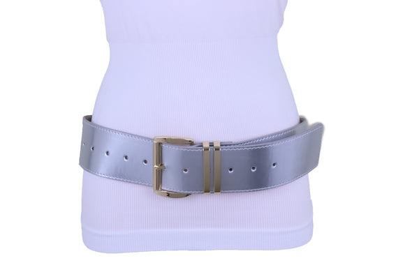 Brand New Women Silver Faux Leather Waistband Hip Waist Fashion Belt Gold Buckle M L XL