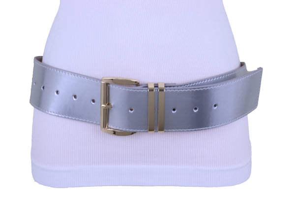 Brand New Women Silver Faux Leather Waistband Hip Waist Fashion Belt Gold Buckle M L XL
