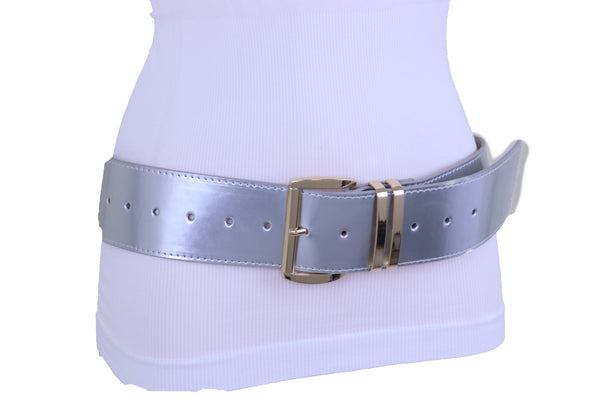 Brand New Women Silver Faux Leather Waistband Hip Waist Fashion Belt Gold Buckle M L XL