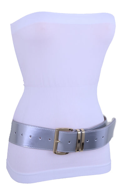Brand New Women Silver Faux Leather Waistband Hip Waist Fashion Belt Gold Buckle M L XL