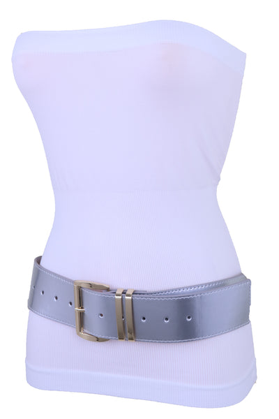 Brand New Women Silver Faux Leather Waistband Hip Waist Fashion Belt Gold Buckle M L XL