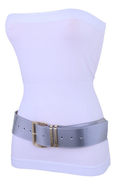 Women Silver Faux Leather Waistband Hip Waist Fashion Belt Gold Buckle Plus Size Fits M L XL