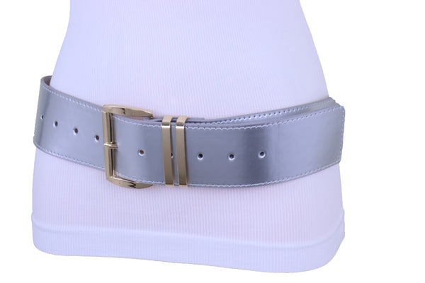 Brand New Women Silver Faux Leather Waistband Hip Waist Fashion Belt Gold Buckle M L XL