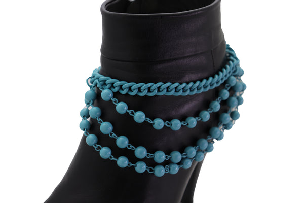 Brand New Women Turquoise Baby Blue Metal Boot Chain Bracelet Shoe Anklet Ball Waves Charm