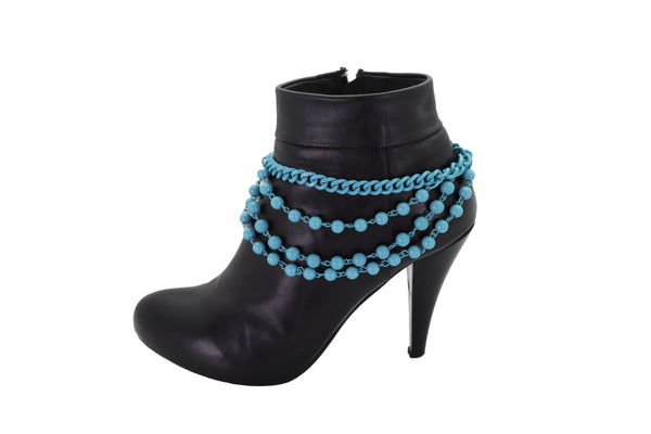 Brand New Women Turquoise Baby Blue Metal Boot Chain Bracelet Shoe Anklet Ball Waves Charm