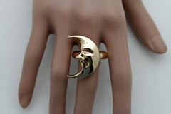 Women Gold Metal Ring Fashion Flashy Jewelry Crescent Half Moon Face Smiling