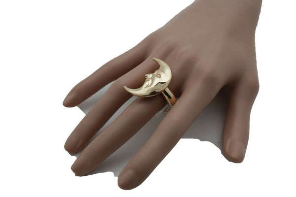 Brand New Women Gold Metal Ring Fashion Flashy Jewelry Crescent Half Moon Face Smiling One Size Fits All