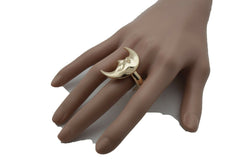 Gold Metal Ring Fashion Flashy Jewelry Crescent Half Moon Face Smiling One Size Fits All
