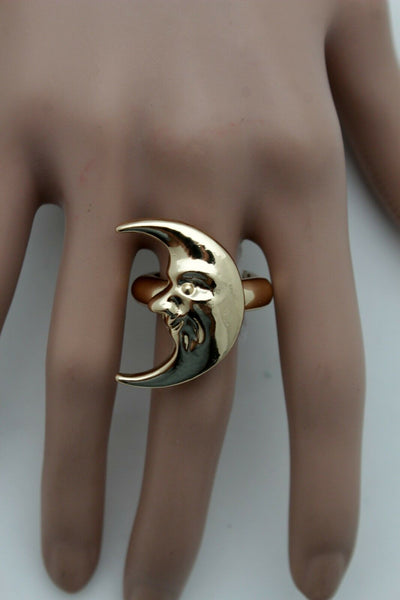 Brand New Women Gold Metal Ring Fashion Flashy Jewelry Crescent Half Moon Face Smiling One Size Fits All