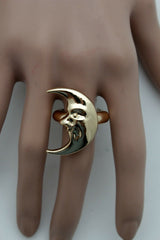 Gold Metal Ring Fashion Flashy Jewelry Crescent Half Moon Face Smiling One Size Fits All