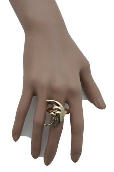 Brand New Women Gold Metal Ring Fashion Flashy Jewelry Crescent Half Moon Face Smiling One Size Fits All