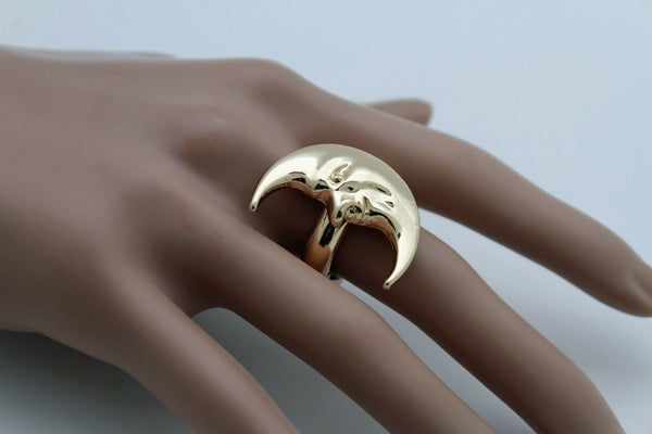 Brand New Women Gold Metal Ring Fashion Flashy Jewelry Crescent Half Moon Face Smiling One Size Fits All