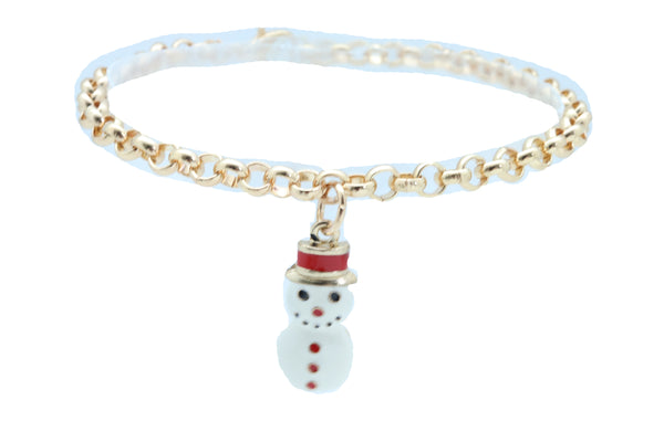Women Gold Metal Chain Boot Bracelet Shoe Anklet Bling Fun Snowman Holiday Charm Adjustable One Size Band