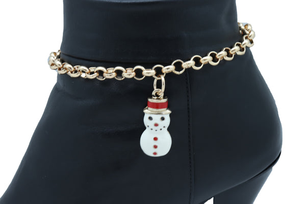 Women Gold Metal Chain Boot Bracelet Shoe Anklet Bling Fun Snowman Holiday Charm Adjustable One Size Band