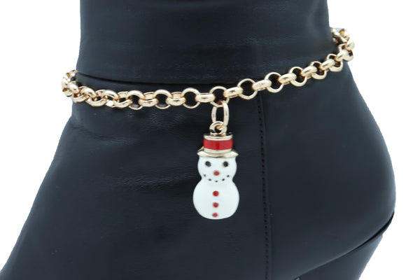 Women Gold Metal Chain Boot Bracelet Shoe Anklet Bling Fun Snowman Holiday Charm Adjustable One Size Band
