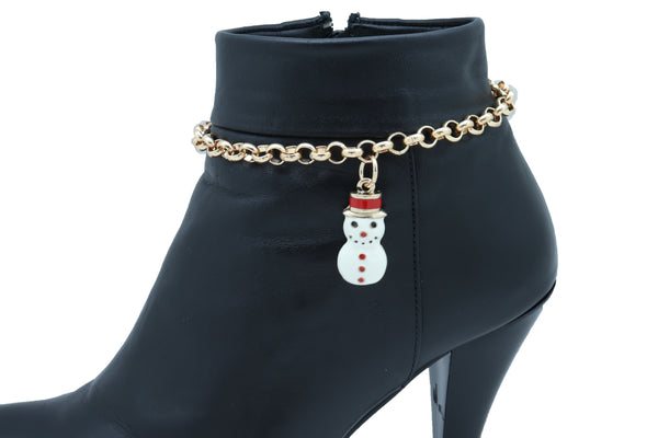 Women Gold Metal Chain Boot Bracelet Shoe Anklet Bling Fun Snowman Holiday Charm Adjustable One Size Band