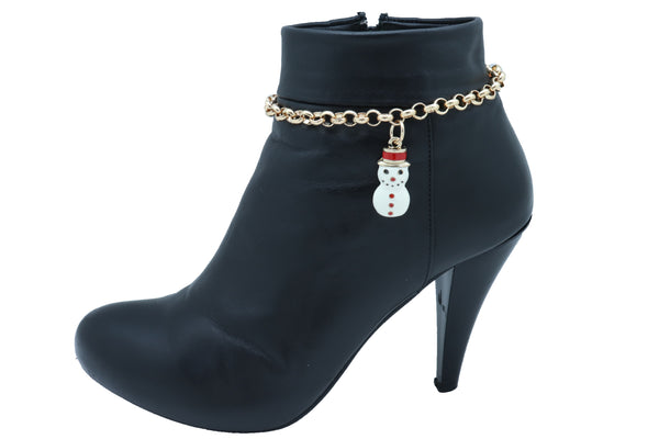 Women Gold Metal Chain Boot Bracelet Shoe Anklet Bling Fun Snowman Holiday Charm Adjustable One Size Band