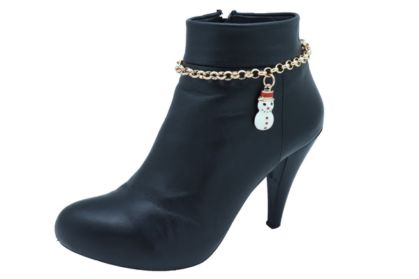 Women Gold Metal Chain Boot Bracelet Shoe Anklet Bling Fun Snowman Holiday Charm Adjustable One Size Band