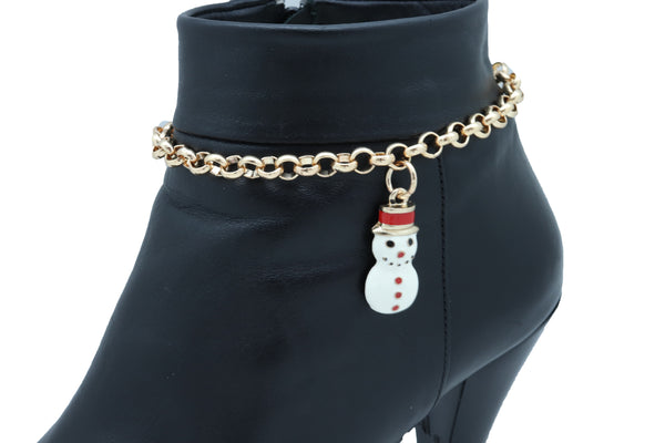 Women Gold Metal Chain Boot Bracelet Shoe Anklet Bling Fun Snowman Holiday Charm Adjustable One Size Band