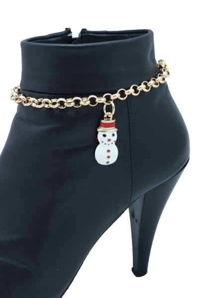 Women Gold Metal Chain Boot Bracelet Shoe Anklet Bling Fun Snowman Holiday Charm Adjustable One Size Band