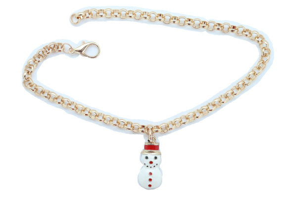 Women Gold Metal Chain Boot Bracelet Shoe Anklet Bling Fun Snowman Holiday Charm Adjustable One Size Band