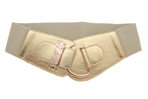 Brand New Women Gold Faux Leather Fashion Hip Waist Elastic Belt Hook Buckle Fit Size M L