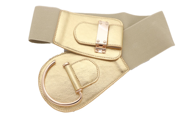 Brand New Women Gold Faux Leather Fashion Hip Waist Elastic Belt Hook Buckle Fit Size M L