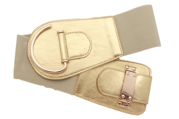 Brand New Women Gold Faux Leather Fashion Hip Waist Elastic Belt Hook Buckle Fit Size M L