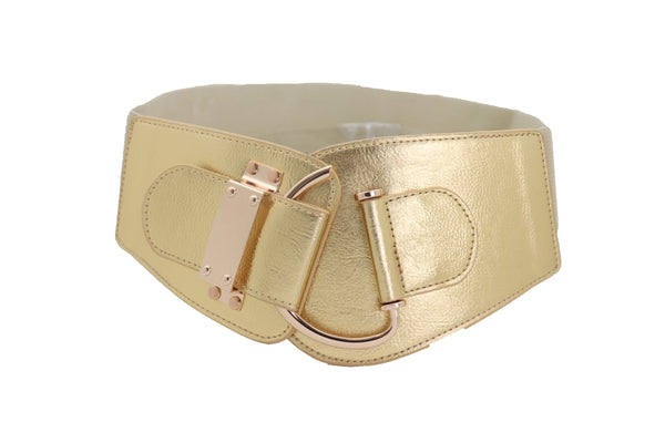Brand New Women Gold Faux Leather Fashion Hip Waist Elastic Belt Hook Buckle Fit Size M L