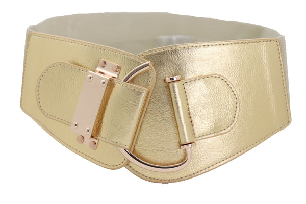 Brand New Women Gold Faux Leather Fashion Hip Waist Elastic Belt Hook Buckle Fit Size M L