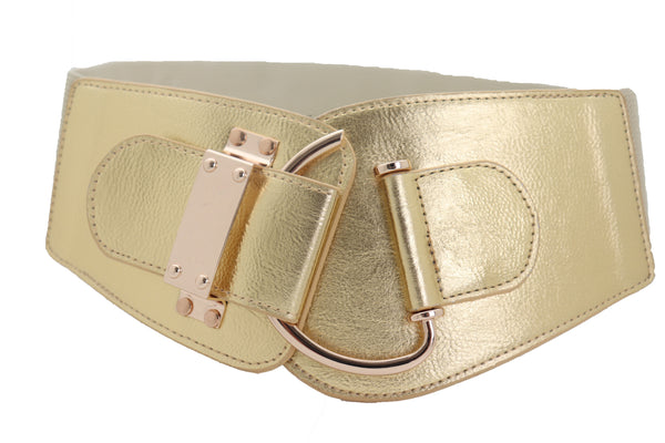 Brand New Women Gold Faux Leather Fashion Hip Waist Elastic Belt Hook Buckle Fit Size M L
