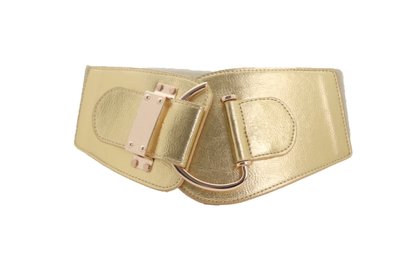 Brand New Women Gold Faux Leather Fashion Hip Waist Elastic Belt Hook Buckle Fit Size M L