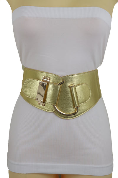 Brand New Women Gold Faux Leather Fashion Hip Waist Elastic Belt Hook Buckle Fit Size M L