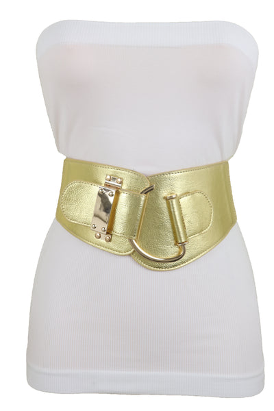 Brand New Women Gold Faux Leather Fashion Hip Waist Elastic Belt Hook Buckle Fit Size M L