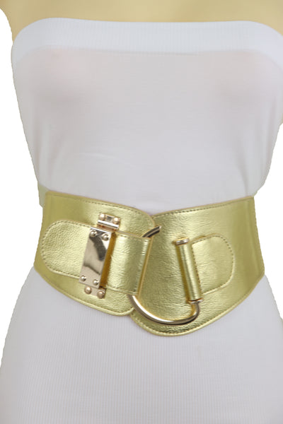 Brand New Women Gold Faux Leather Fashion Hip Waist Elastic Belt Hook Buckle Fit Size M L