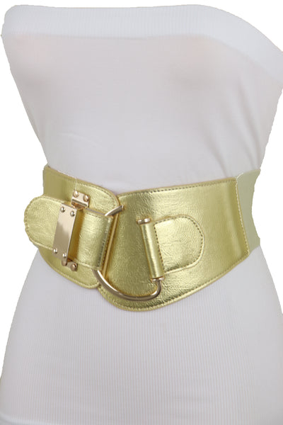 Brand New Women Gold Faux Leather Fashion Hip Waist Elastic Belt Hook Buckle Fit Size M L