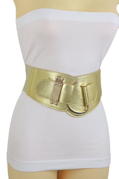 Brand New Women Gold Faux Leather Fashion Hip Waist Elastic Belt Hook Buckle Fit Size M L