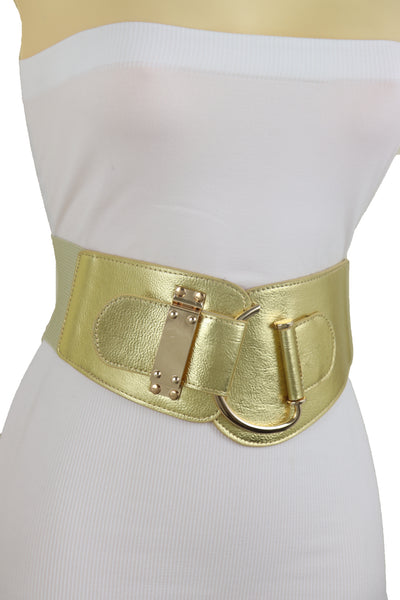 Brand New Women Gold Faux Leather Fashion Hip Waist Elastic Belt Hook Buckle Fit Size M L