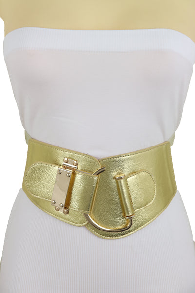 Brand New Women Gold Faux Leather Fashion Hip Waist Elastic Belt Hook Buckle Fit Size M L