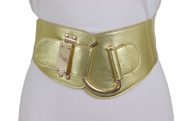 Brand New Women Gold Faux Leather Fashion Hip Waist Elastic Belt Hook Buckle Fit Size M L