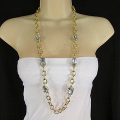 Extra Long Gold Metal Chain Links Large Rhinestones Necklace + Earrings Set New Women Fashion - alwaystyle4you - 3