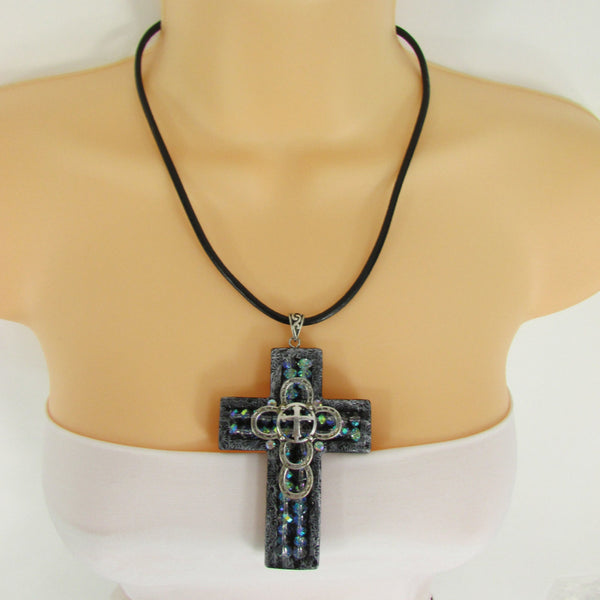 Faith Large 3D Metallic Black Cross Pendant Necklace + Earring Set New Women Fashion - alwaystyle4you - 2