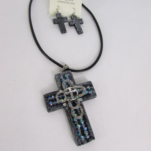 Black Rope Large 3D Metallic Black Cross Pendant Faith Necklace Earring Set New Women Accessories