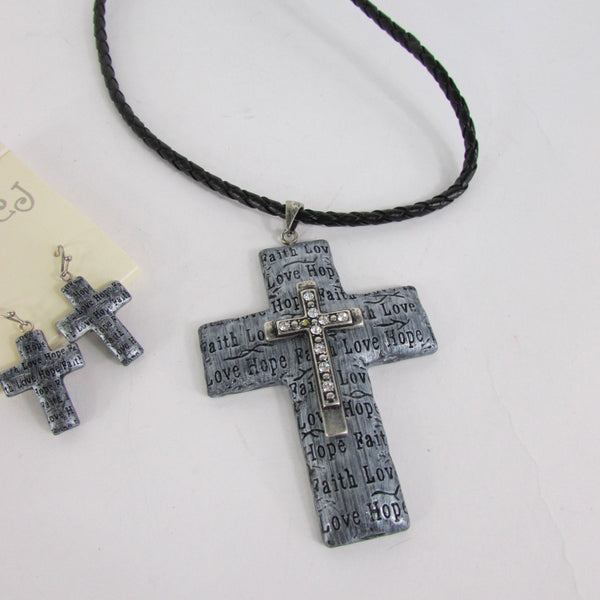 Love Hope Faith Large Silver Cross Pendant Necklace + Earring Set New Women Fashion - alwaystyle4you - 3