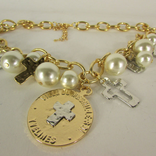 Gold Metal Chains Necklace Coin Cross Charms Imitation Pearls beads New Women Fashion - alwaystyle4you - 5